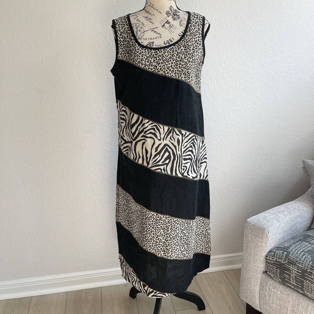 Earth song Womens Midi Dress 8 Asymmetrical Animal Print Linen Vtg‎ sleeveless